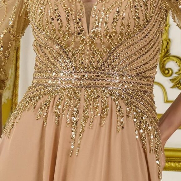 New Gold A-Line Mother Of Bride Chiffon Dress w/ Sheer 3/4 Sleeves GL3796 - Picture 7 of 15